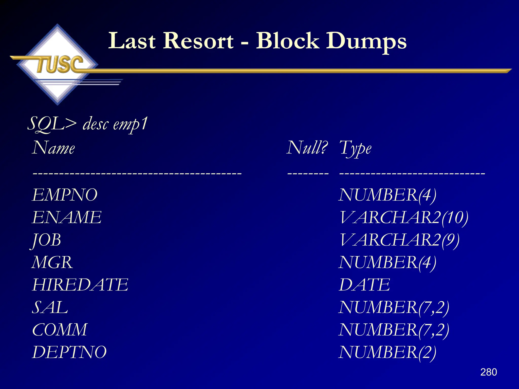 280
Last Resort - Block Dumps
SQL> desc emp1
Name Null? Type
---------------------------------------- -------- ----------------------------
EMPNO NUMBER(4)
ENAME VARCHAR2(10)
JOB VARCHAR2(9)
MGR NUMBER(4)
HIREDATE DATE
SAL NUMBER(7,2)
COMM NUMBER(7,2)
DEPTNO NUMBER(2)
 