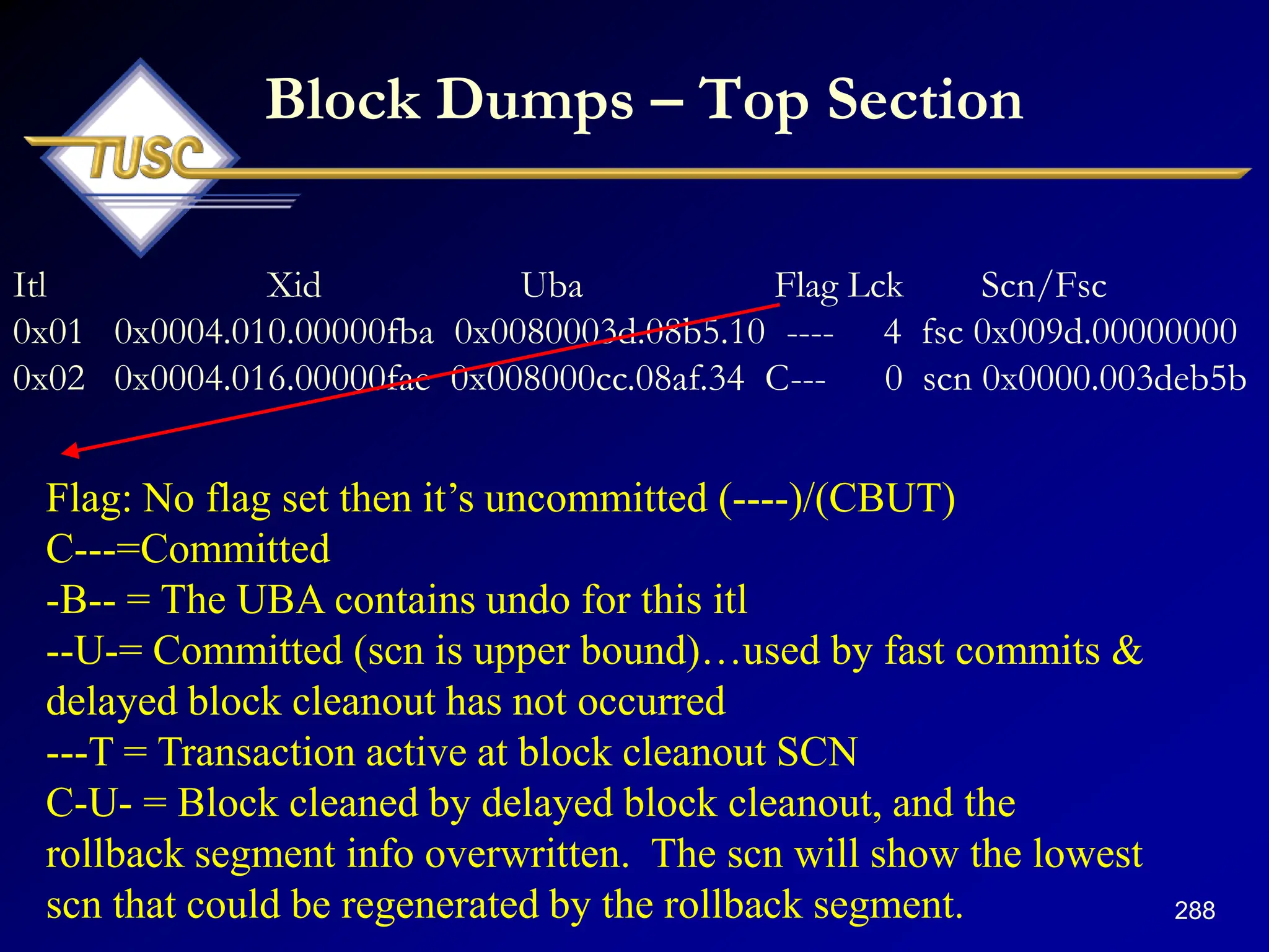 288
Block Dumps – Top Section
Itl Xid Uba Flag Lck Scn/Fsc
0x01 0x0004.010.00000fba 0x0080003d.08b5.10 ---- 4 fsc 0x009d.00000000
0x02 0x0004.016.00000fae 0x008000cc.08af.34 C--- 0 scn 0x0000.003deb5b
Flag: No flag set then it’s uncommitted (----)/(CBUT)
C---=Committed
-B-- = The UBA contains undo for this itl
--U-= Committed (scn is upper bound)…used by fast commits &
delayed block cleanout has not occurred
---T = Transaction active at block cleanout SCN
C-U- = Block cleaned by delayed block cleanout, and the
rollback segment info overwritten. The scn will show the lowest
scn that could be regenerated by the rollback segment.
 