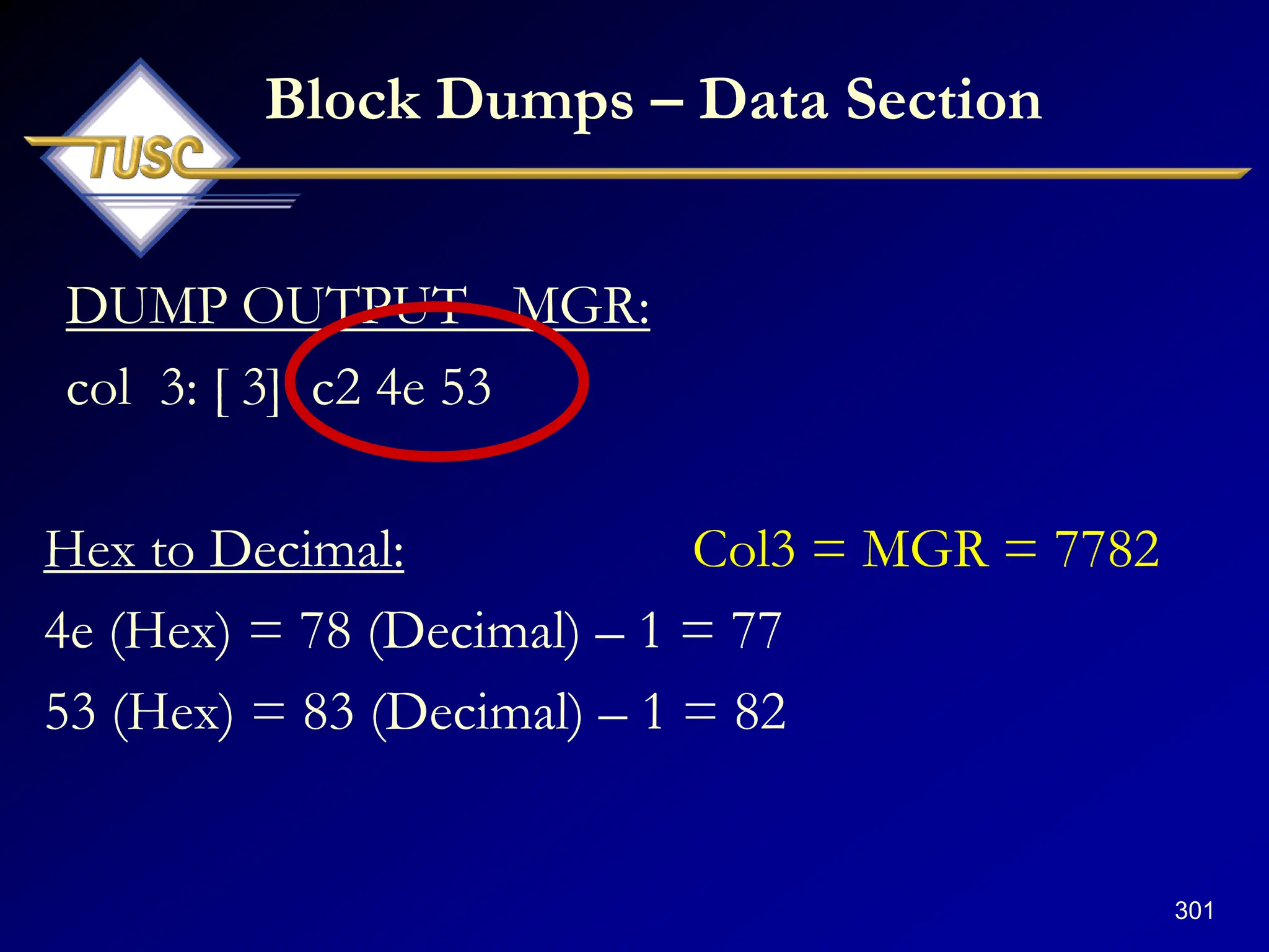 301
Block Dumps – Data Section
DUMP OUTPUT - MGR:
col 3: [ 3] c2 4e 53
Hex to Decimal: Col3 = MGR = 7782
4e (Hex) = 78 (Decimal) – 1 = 77
53 (Hex) = 83 (Decimal) – 1 = 82
 