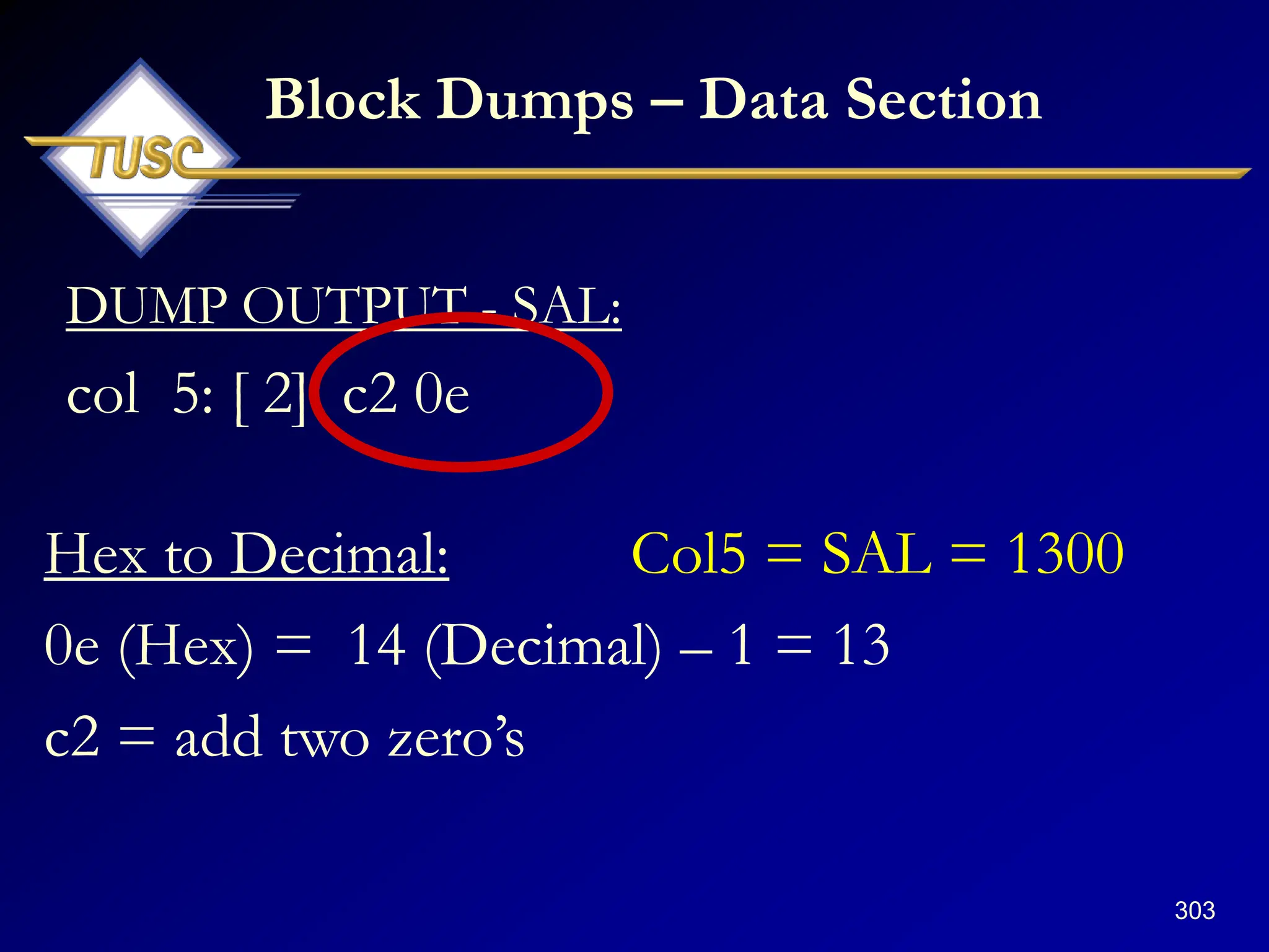 303
Block Dumps – Data Section
DUMP OUTPUT - SAL:
col 5: [ 2] c2 0e
Hex to Decimal: Col5 = SAL = 1300
0e (Hex) = 14 (Decimal) – 1 = 13
c2 = add two zero‟s
 