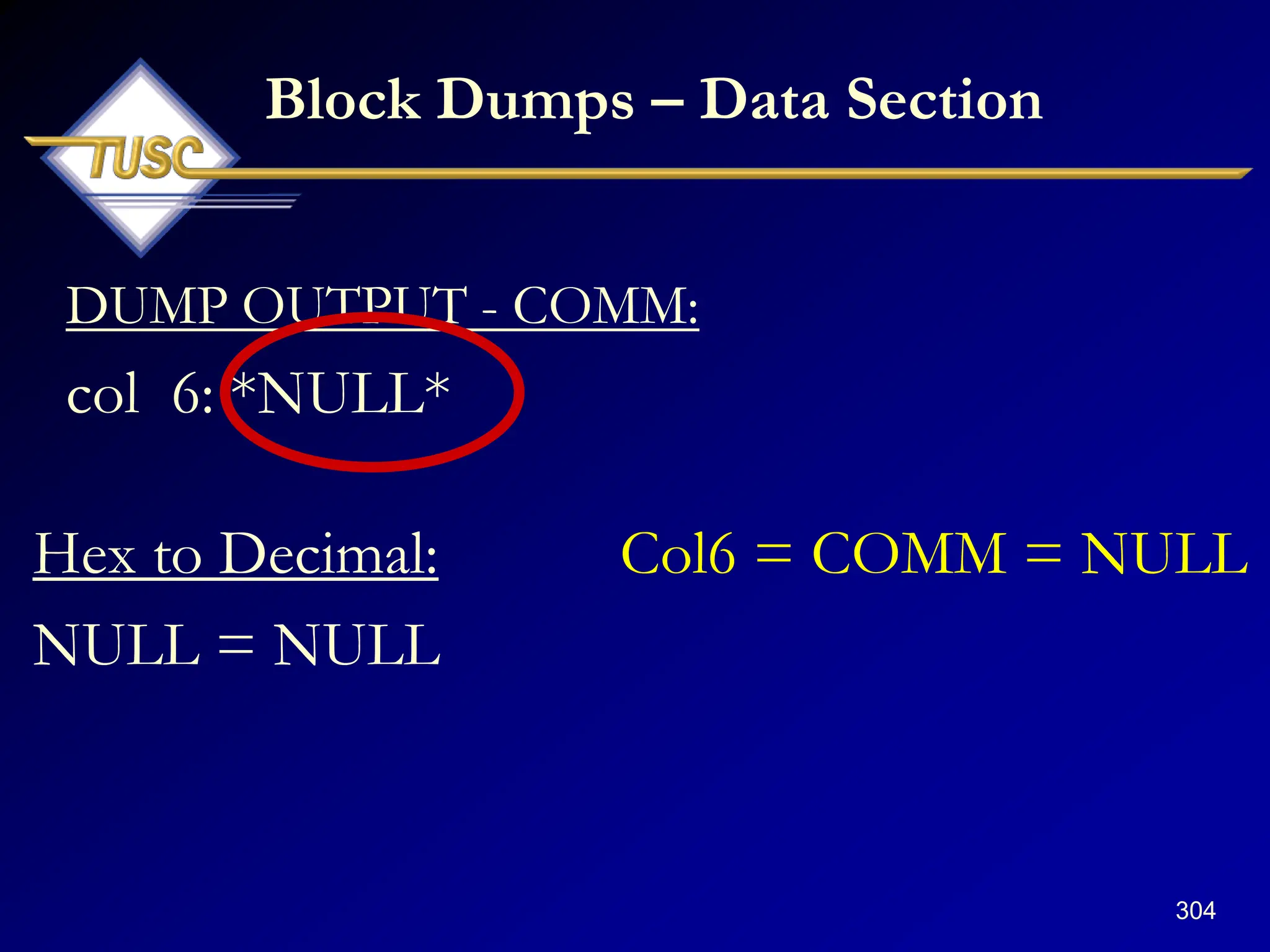 304
Block Dumps – Data Section
DUMP OUTPUT - COMM:
col 6: *NULL*
Hex to Decimal: Col6 = COMM = NULL
NULL = NULL
 