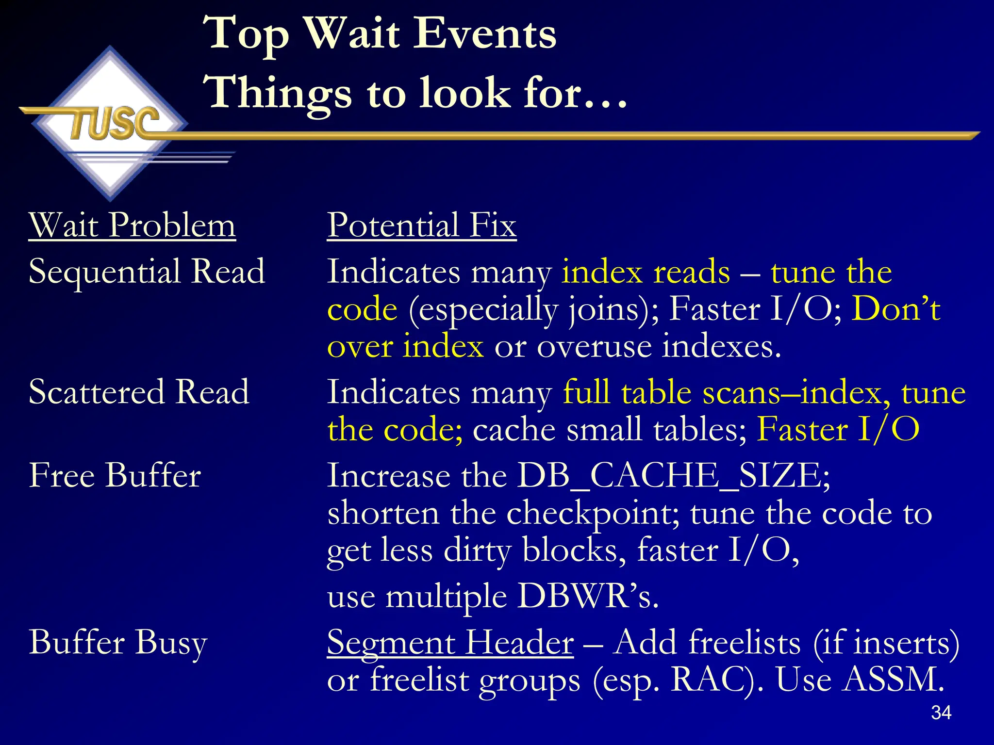 34
Top Wait Events
Things to look for…
Wait Problem Potential Fix
Sequential Read Indicates many index reads – tune the
code (especially joins); Faster I/O; Don‟t
over index or overuse indexes.
Scattered Read Indicates many full table scans–index, tune
the code; cache small tables; Faster I/O
Free Buffer Increase the DB_CACHE_SIZE;
shorten the checkpoint; tune the code to
get less dirty blocks, faster I/O,
use multiple DBWR‟s.
Buffer Busy Segment Header – Add freelists (if inserts)
or freelist groups (esp. RAC). Use ASSM.
 