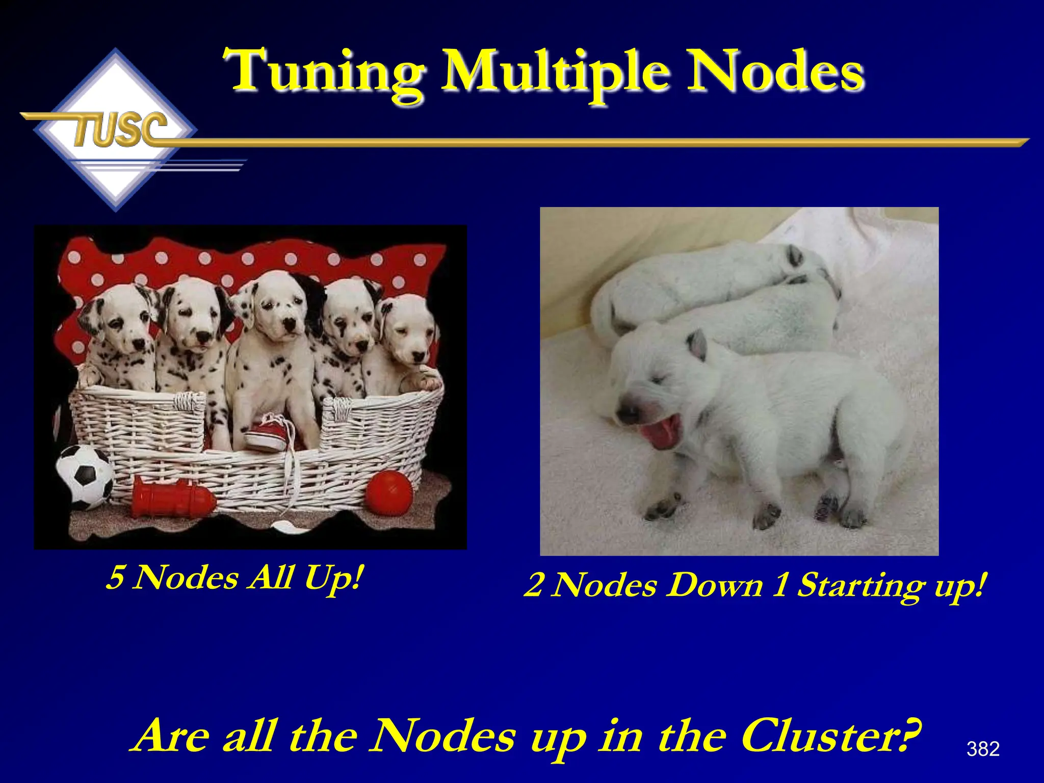 382
Tuning Multiple Nodes
Are all the Nodes up in the Cluster?
5 Nodes All Up! 2 Nodes Down 1 Starting up!
 