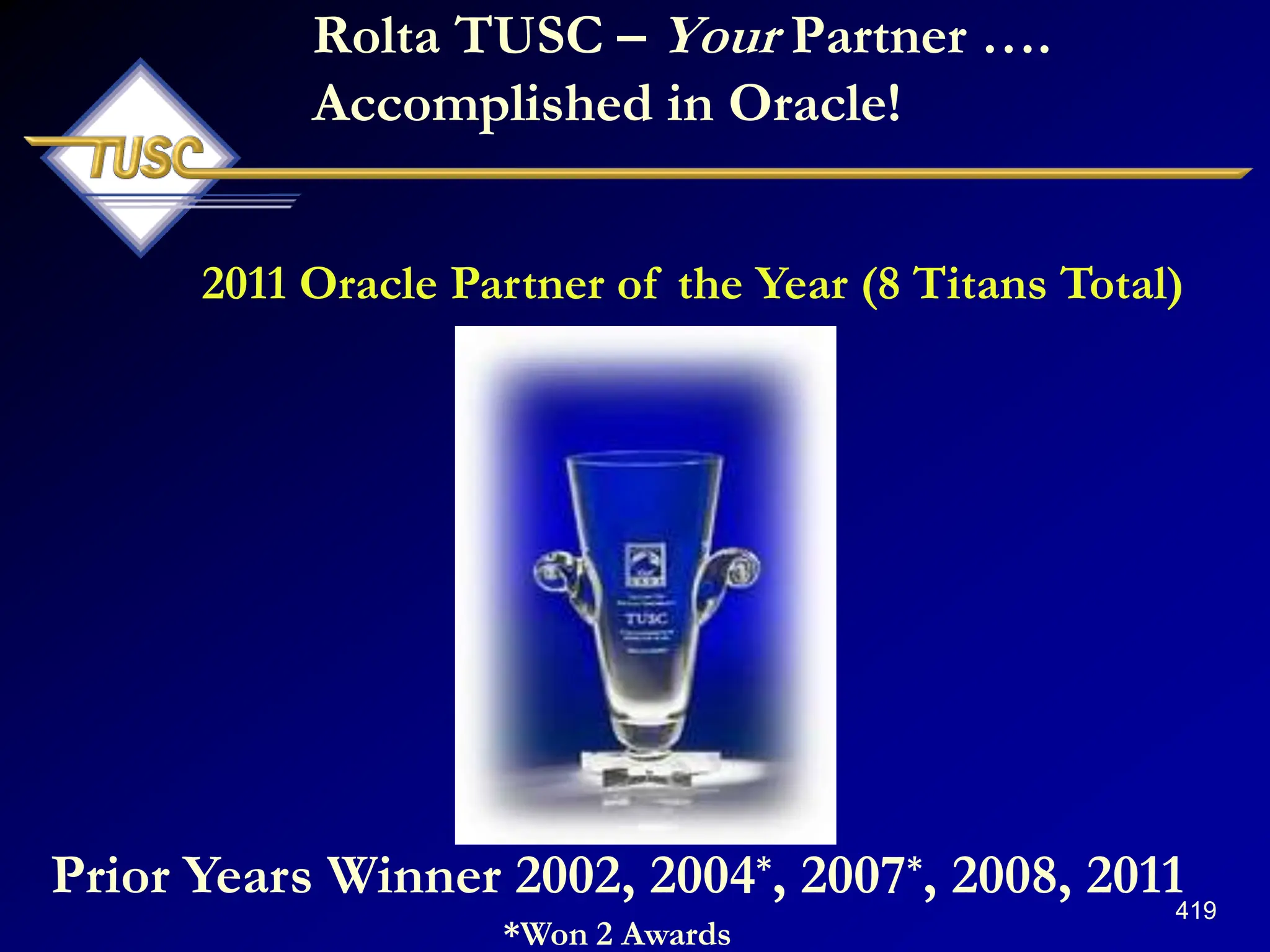 419
Rolta TUSC – Your Partner ….
Accomplished in Oracle!
2011 Oracle Partner of the Year (8 Titans Total)
Prior Years Winner 2002, 2004*, 2007*, 2008, 2011
*Won 2 Awards
 