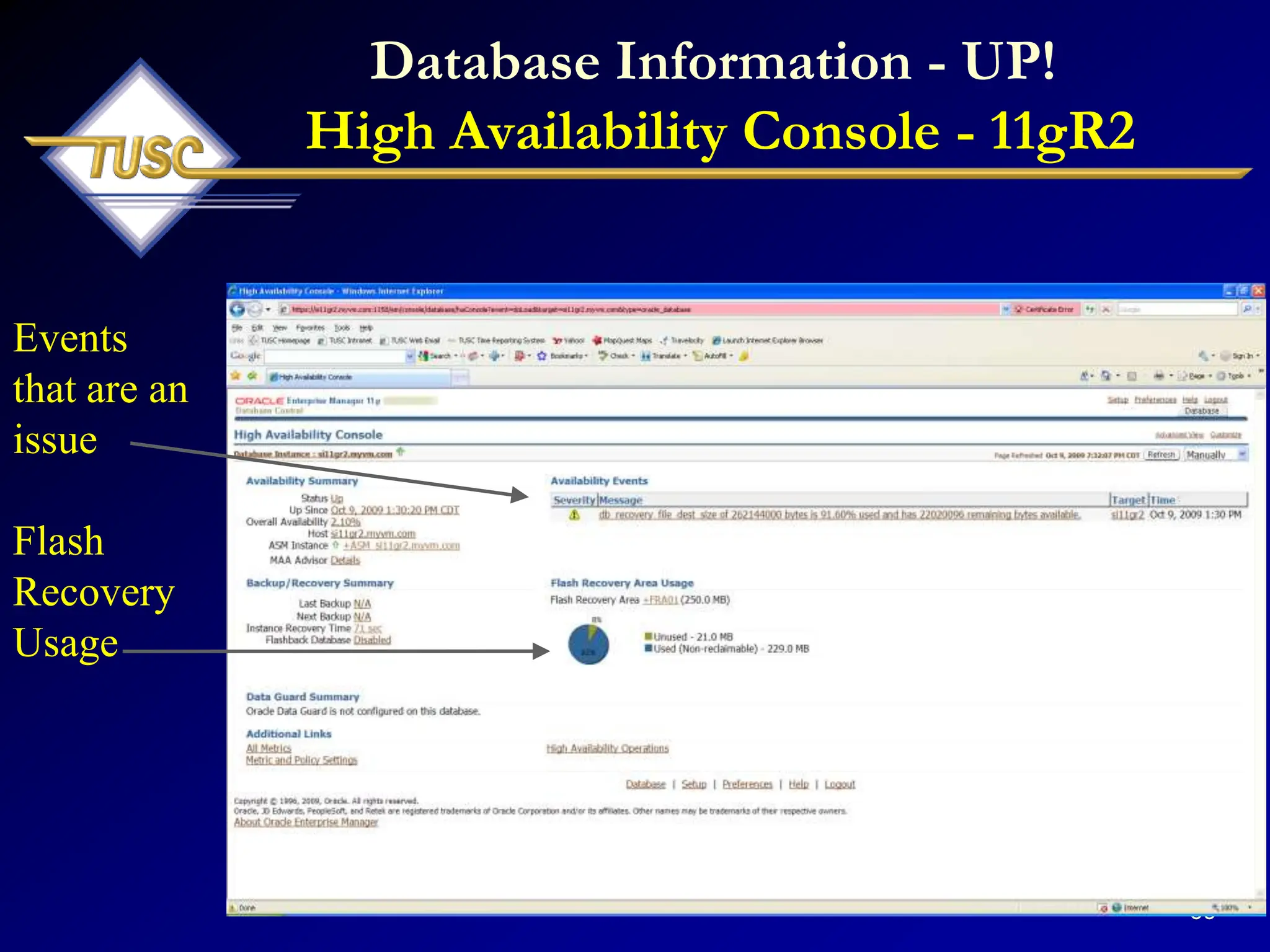 69
Database Information - UP!
High Availability Console - 11gR2
Events
that are an
issue
Flash
Recovery
Usage
 