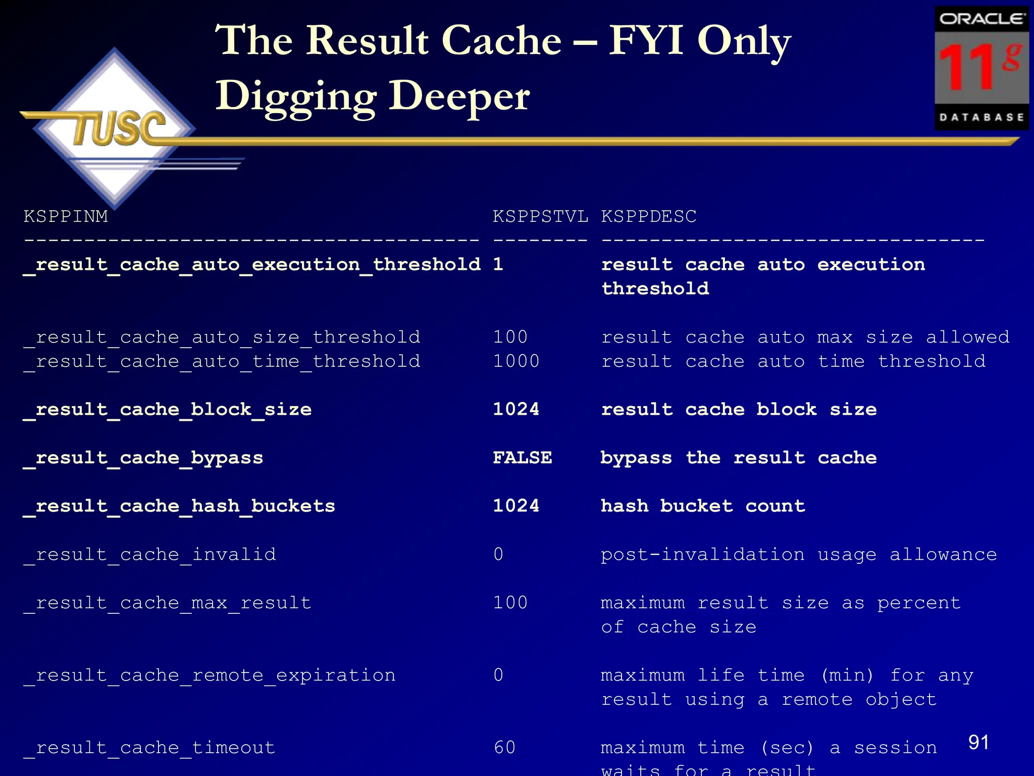 91
The Result Cache – FYI Only
Digging Deeper
KSPPINM KSPPSTVL KSPPDESC
-------------------------------------- -------- --------------------------------
_result_cache_auto_execution_threshold 1 result cache auto execution
threshold
_result_cache_auto_size_threshold 100 result cache auto max size allowed
_result_cache_auto_time_threshold 1000 result cache auto time threshold
_result_cache_block_size 1024 result cache block size
_result_cache_bypass FALSE bypass the result cache
_result_cache_hash_buckets 1024 hash bucket count
_result_cache_invalid 0 post-invalidation usage allowance
_result_cache_max_result 100 maximum result size as percent
of cache size
_result_cache_remote_expiration 0 maximum life time (min) for any
result using a remote object
_result_cache_timeout 60 maximum time (sec) a session
 