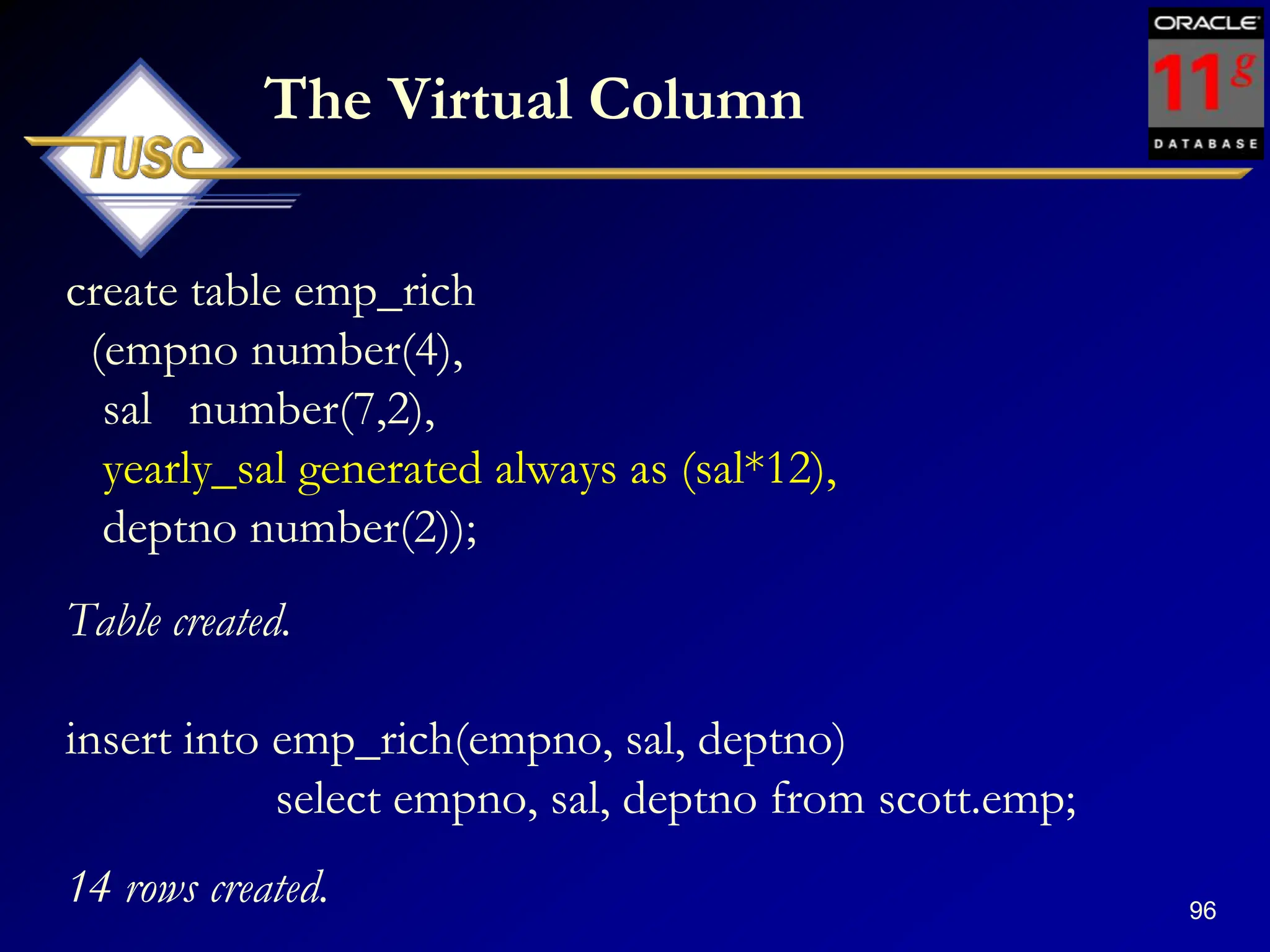 96
The Virtual Column
create table emp_rich
(empno number(4),
sal number(7,2),
yearly_sal generated always as (sal*12),
deptno number(2));
Table created.
insert into emp_rich(empno, sal, deptno)
select empno, sal, deptno from scott.emp;
14 rows created.
 