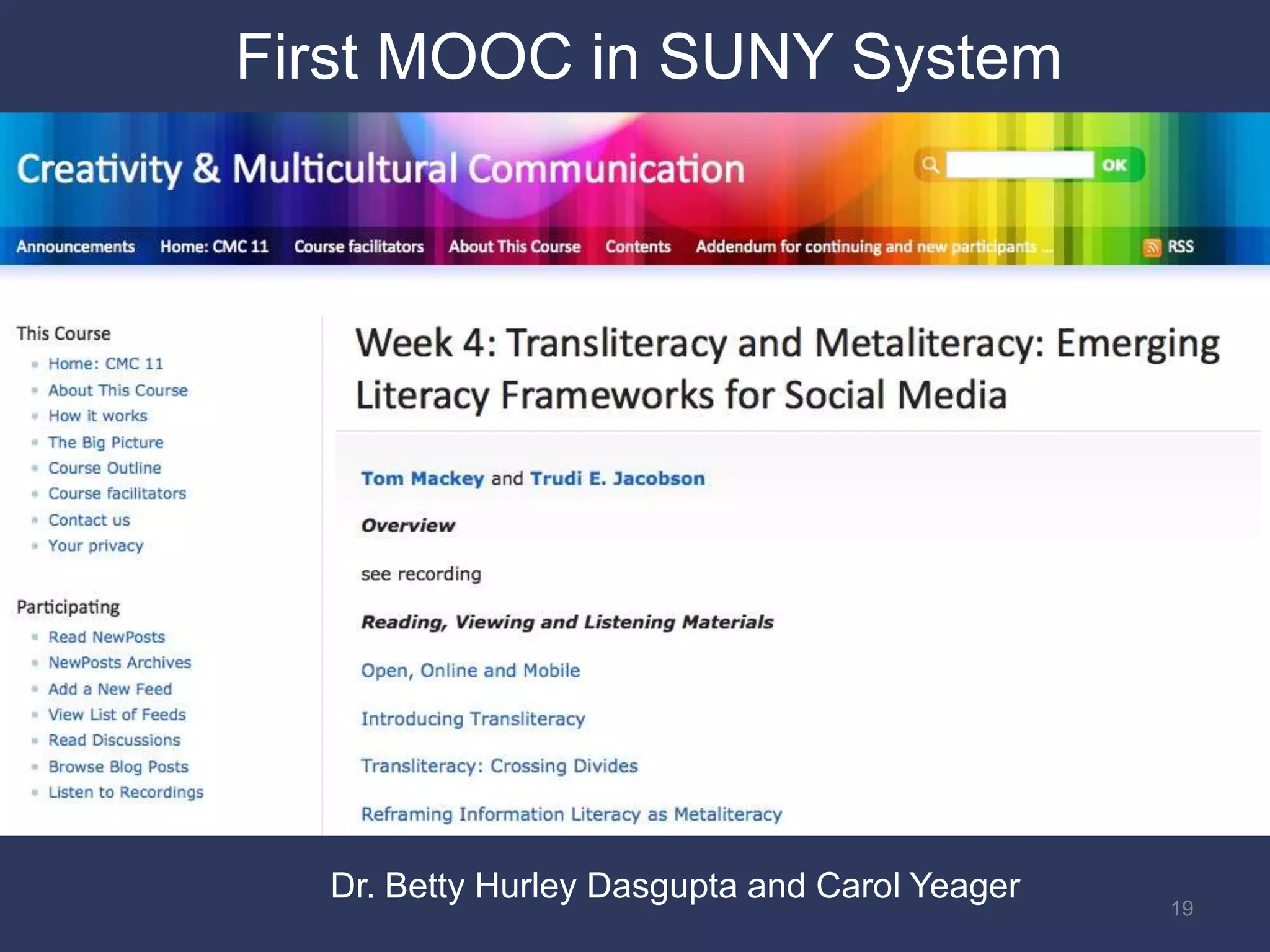 19
First MOOC in SUNY System
Dr. Betty Hurley Dasgupta and Carol Yeager
 