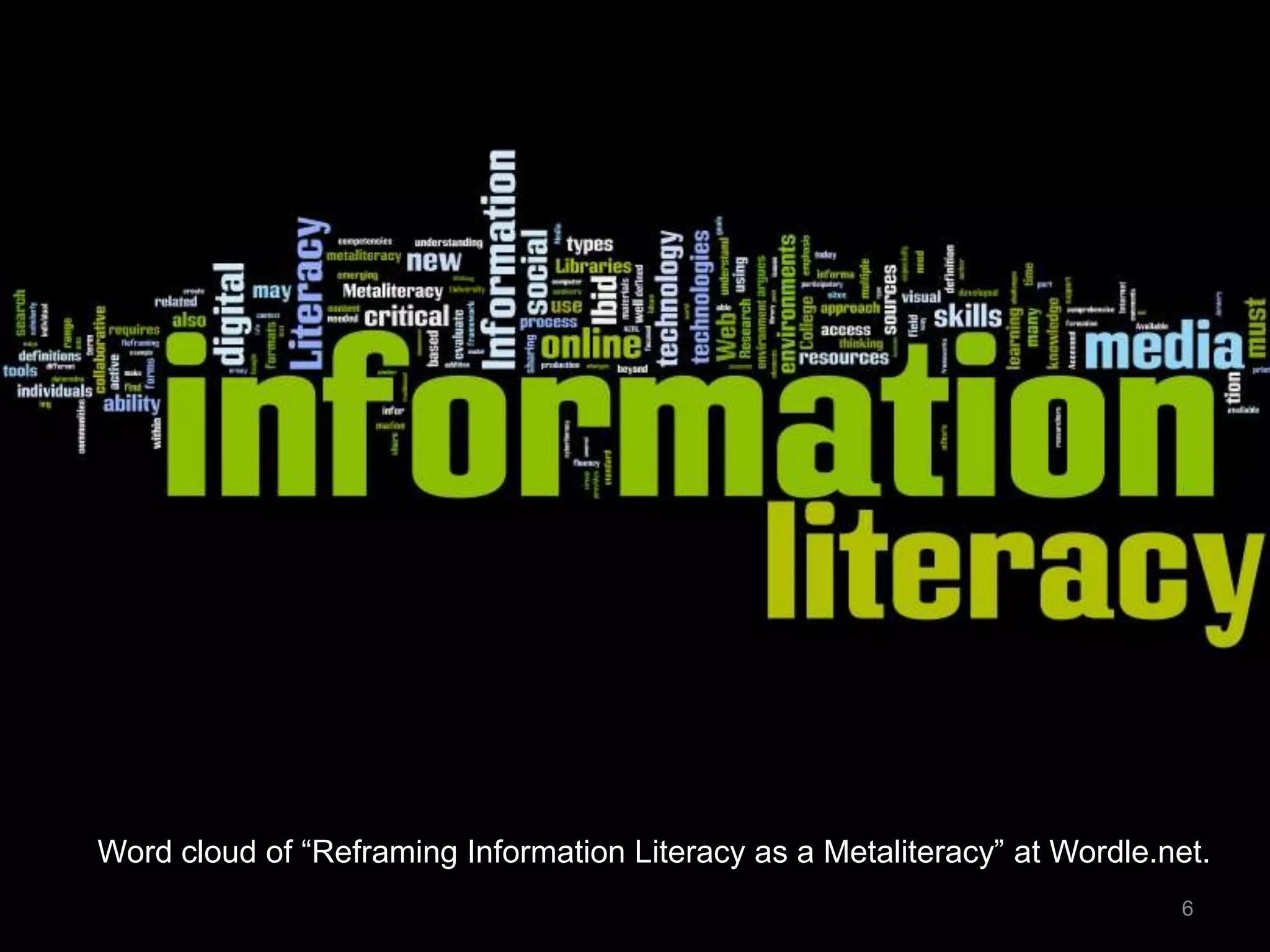 6
Word cloud of “Reframing Information Literacy as a Metaliteracy” at Wordle.net.
 