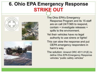 6. Ohio EPA Emergency Response
STRIKE OUT
The Ohio EPA‘s Emergency
Response Program and its 15 staff
are on call 24/7/365 to respond,
contain + investigate releases +
spills to the environment.
Yet their vehicles have no legal
authority to use sirens or lights!
This can slow the response and put
OEPA emergency responders in
harm‘s way.
The solution: Amend ORC 4511.01(E) to
define Ohio EPA Emergency Response
vehicles ―public safety vehicles‖
 