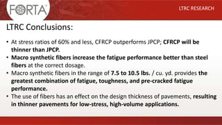 LTRC RESEARCH
LTRC Conclusions:
• At stress ratios of 60% and less, CFRCP outperforms JPCP; CFRCP will be
thinner than JPCP.
• Macro synthetic fibers increase the fatigue performance better than steel
fibers at the correct dosage.
• Macro synthetic fibers in the range of 7.5 to 10.5 lbs. / cu. yd. provides the
greatest combination of fatigue, toughness, and pre-cracked fatigue
performance.
• The use of fibers has an effect on the design thickness of pavements, resulting
in thinner pavements for low-stress, high-volume applications.
 