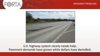 U.S. highway system clearly needs help.
Pavement demands have grown while dollars have dwindled.
PAVEMENT PROBLEMS
 