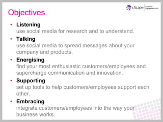 Objectives
• Listening
  use social media for research and to understand.
• Talking
  use social media to spread messages about your
  company and products.
• Energising
  find your most enthusiastic customers/employees and
  supercharge communication and innovation.
• Supporting
  set up tools to help customers/employees support each
  other.
• Embracing
  integrate customers/employees into the way your
  business works.
 