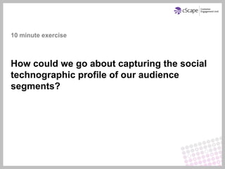 10 minute exercise



How could we go about capturing the social
technographic profile of our audience
segments?
 