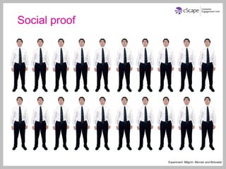 Social proof




               Experiment: Milgrim, Bikman and Birkowitz
 