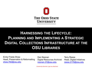 University Libraries | go.osu.edu/osul
HARNESSING THE LIFECYCLE:
PLANNING AND IMPLEMENTING A STRATEGIC
DIGITAL COLLECTIONS INFRASTRUCTURE AT THE
OSU LIBRARIES
Emily Frieda Shaw
Head, Preservation & Reformatting
shaw.782@osu.edu
Dan Noonan
Digital Resources Archivist
noonan.37@osu.edu
Terry Reese
Head, Digital Initiatives
reese.2179@osu.edu
 