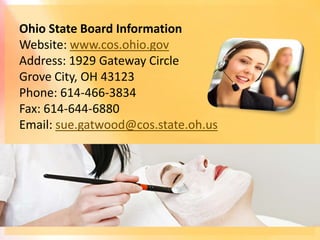 Ohio State Board Information
Website: www.cos.ohio.gov
Address: 1929 Gateway Circle
Grove City, OH 43123
Phone: 614-466-3834
Fax: 614-644-6880
Email: sue.gatwood@cos.state.oh.us
 