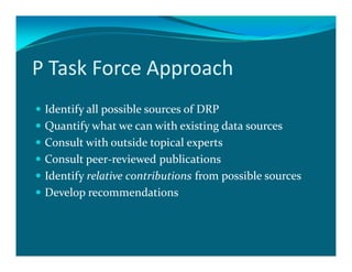 P Task Force Approach
 Identify all possible sources of DRP
 Quantify what we can with existing data sources
 Consult with outside topical experts
 Consult peer-reviewed publications
 Identify relative contributions from possible sources
 Develop recommendations
 