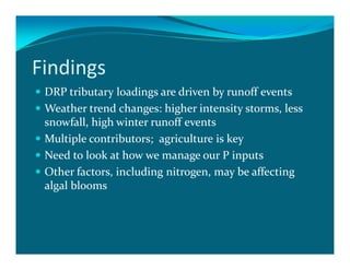 Findings
 DRP tributary loadings are driven by runoff events
 Weather trend changes: higher intensity storms, less
 snowfall, high winter runoff events
 Multiple contributors; agriculture is key
 Need to look at how we manage our P inputs
 Other factors, including nitrogen, may be affecting
 algal blooms
 