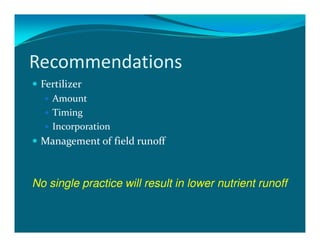 Recommendations
 Fertilizer
    Amount
    Timing
    Incorporation
 Management of field runoff



No single practice will result in lower nutrient runoff
 