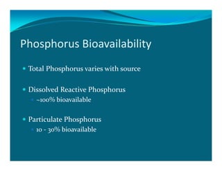 Phosphorus Bioavailability
 Total Phosphorus varies with source

 Dissolved Reactive Phosphorus
   ~100% bioavailable

 Particulate Phosphorus
   10 - 30% bioavailable
 