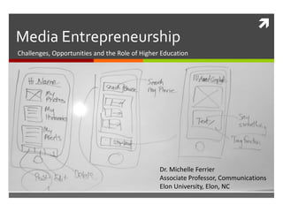Media Entrepreneurship



Challenges, Opportunities and the Role of Higher Education

Dr. Michelle Ferrier
Associate Professor, Communications
Elon University, Elon, NC

 