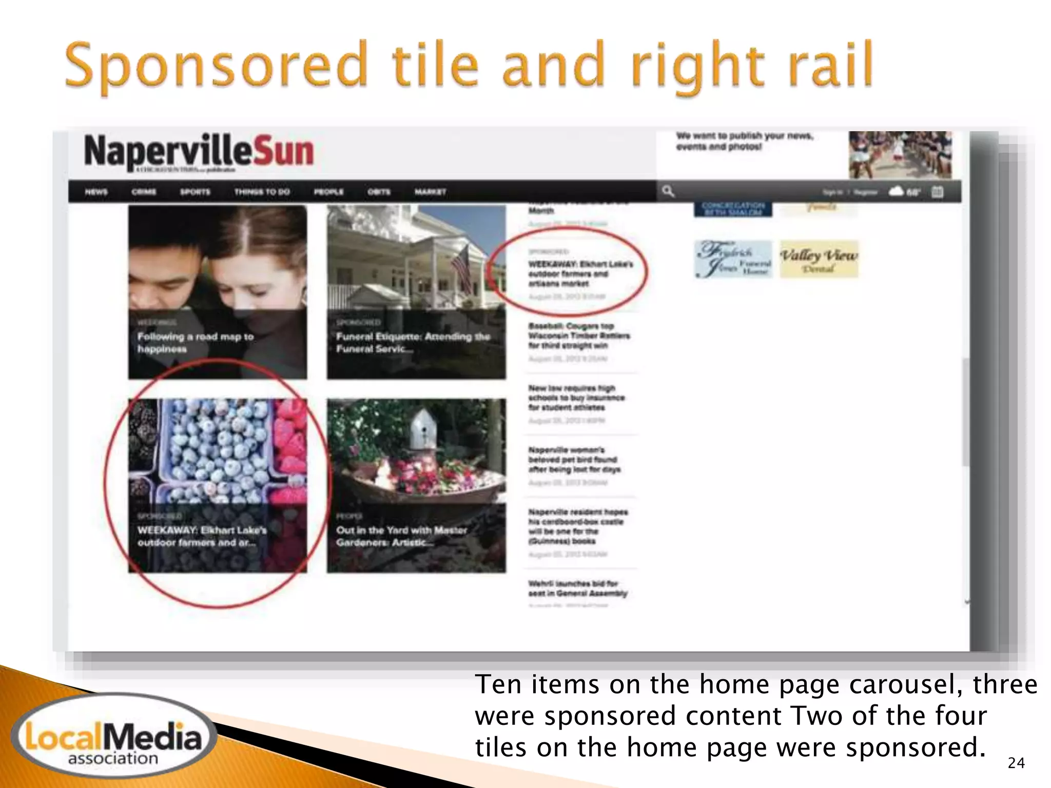 Ten items on the home page carousel, three 
were sponsored content Two of the four 
tiles on the home page were sponsored. 
24 
 