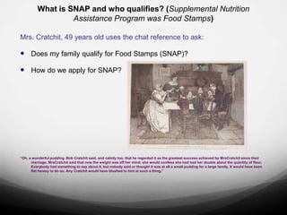 What is SNAP and who qualifies? (Supplemental Nutrition
                   Assistance Program was Food Stamps)

Mrs. Cratchit, 49 years old uses the chat reference to ask:

 Does my family qualify for Food Stamps (SNAP)?

 How do we apply for SNAP?




“Oh, a wonderful pudding. Bob Cratchit said, and calmly too, that he regarded it as the greatest success achieved by MrsCratchit since their
      marriage. MrsCratchit said that now the weight was off her mind, she would confess she had had her doubts about the quantity of flour.
      Everybody had something to say about it, but nobody said or thought it was at all a small pudding for a large family. It would have been
      flat heresy to do so. Any Cratchit would have blushed to hint at such a thing.”
 