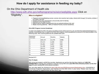 How do I apply for assistance in feeding my baby?
On the Ohio Department of Health site
   http://www.odh.ohio.gov/odhprograms/ns/wicn/weligible.aspx Click on
   “Eligibility”.
 
