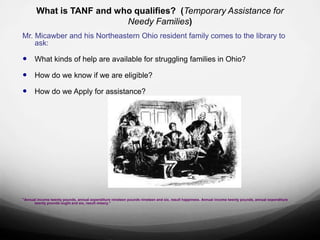 What is TANF and who qualifies? (Temporary Assistance for
                          Needy Families)
Mr. Micawber and his Northeastern Ohio resident family comes to the library to
    ask:

 What kinds of help are available for struggling families in Ohio?
 How do we know if we are eligible?
 How do we Apply for assistance?




"Annual income twenty pounds, annual expenditure nineteen pounds nineteen and six, result happiness. Annual income twenty pounds, annual expenditure
      twenty pounds ought and six, result misery."
 