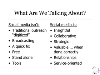 What Are We Talking About? Social media isn’t: Traditional outreach “digitized” Broadcasting A quick fix Free Stand alone Tools Social media is: Insightful Collaborative Strategic Valuable … when done correctly Relationships Service-oriented 