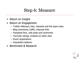 Step 6: Measure Return on Insight Return on Engagement Twitter followers, lists, retweets and link open-rates Blog comments, traffic, inbound links Facebook fans, wall posts and comments YouTube ratings, embeds on other sites Event registrations Anecdotal evidence  Benchmark & Research 