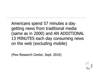Americans spend 57 minutes a day getting news from traditional media (same as in 2000) and AN ADDITIONAL 13 MINUTES each day consuming news on the web (excluding mobile) (Pew Research Center, Sept. 2010) 