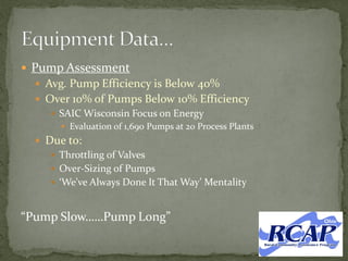  Pump Assessment
 Avg. Pump Efficiency is Below 40%
 Over 10% of Pumps Below 10% Efficiency
 SAIC Wisconsin Focus on Energy
 Evaluation of 1,690 Pumps at 20 Process Plants
 Due to:
 Throttling of Valves
 Over-Sizing of Pumps
 ‘We’ve Always Done It That Way’ Mentality
“Pump Slow……Pump Long”
 