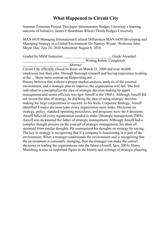 What Happened to Circuit City
Summer Trimester Project This paper demonstrates Hodges University s learning
outcome of Initiative. James E Boardman Wheel (Third) Hodges University
MAN 6410 Managing International Cultural Differences MAN 6430 Developing and
Managing Strategy in a Global Environment Dr. Nancey Wyant / Professor John
Meyer Due: July 28, 2010 Submitted: August 8, 2010
Graded by MSM Instructor: __________________________ Grade Awarded:
__________________________________ Writing Rubric Completed:
_________________________ Abstract
Circuit City officially closed its doors on March 31, 2009 and over 40,000
employees lost their jobs. Through thorough research and having experience working
at the ... Show more content on Helpwriting.net ...
Hussey believes that without a proper market analysis, analysis of the external
environment, and a strategic plan to improve, the organization will fail. The first
individual to conceptualize the idea of strategic decision making by upper
management and senior officials was Igor Ansoff in the 1960 s. Although Ansoff did
not invent the idea of strategy, he did bring the idea of using strategic decision
making for large corporations to succeed. In his book, Corporate Strategy, Ansoff
identified 4 major decision types every organization must make. Decisions on
strategy, policy, standard operating procedures, and programs were the 4 decisions
Ansoff believed every organization needed to make (Strategic management, 2005).
Ansoff was nicknamed the father of strategic management. Although Ansoff had a
complex thought process on the concept of strategic management, his ideas all
stemmed from similar thoughts. He summarized his thoughts on strategy by saying,
The key to strategy is recognizing that if a company is functioning, it is part of the
environment. When a manager understands the environment and is recognizing that
the environment is constantly changing, then the manager can make the correct
decisions in leading the organizations into the future (Ansoff, Igor, 2003). Henry
Mintzberg is also an important figure in the history and writings of strategic planning
 