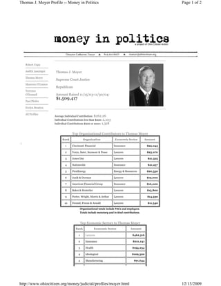 Thomas J. Moyer Profile -- Money in Politics                                                               Page 1 of 2




   Robert Cupp

   Judith Lanzinger    Thomas J. Moyer
   Thomas Moyer
                       Supreme Court Justice
   Maureen O'Connor
                       Republican
   Terrence
   O'Donnell           Amount Raised 11/15/03-11/30/04:
                       $1,509,417
   Paul Pfeifer

   Evelyn Stratton

   All Profiles
                      Average Individual Contribution: $262.26
                      Individual Contributions less than $200: 2,103
                      Individual Contributions $200 or more: 1,318


                                    Top Organizational Contributors to Thomas Moyer
                            Rank              Organization             Economic Sector         Amount

                              1     Cincinnati Financial               Insurance                 $29,045

                              2     Vorys, Sater, Seymour & Pease      Lawyers                   $23,070

                              3     Jones Day                          Lawyers                   $21,525

                              4     Nationwide                         Insurance                 $21,237

                              5     FirstEnergy                        Energy & Resources        $20,550

                              6     Janik & Dorman                     Lawyers                   $19,000

                              7     American Financial Group           Insurance                 $16,000

                              8     Baker & Hostetler                  Lawyers                   $15,800

                              9     Porter, Wright, Morris & Arthur    Lawyers                   $14,530

                              10    Freund, Freeze & Arnold            Lawyers                   $11,540

                                          Organizational totals include PACs and employees.
                                          Totals include monetary and in-kind contributions.



                                             Top Economic Sectors to Thomas Moyer
                                       Rank              Economic Sector            Amount

                                         1      Lawyers                              $462,516

                                         2      Insurance                             $221,241

                                         3      Health                               $194,234

                                         4      Ideological                          $109,320

                                         5      Manufacturing                          $91,644

                                                                                                           EXHIBIT
                                                                                                             III

http://www.ohiocitizen.org/money/judicial/profiles/moyer.html                                              12/13/2009
 