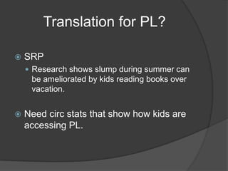 Translation for PL?

   SRP
     Research shows slump during summer can
     be ameliorated by kids reading books over
     vacation.


   Need circ stats that show how kids are
    accessing PL.
 