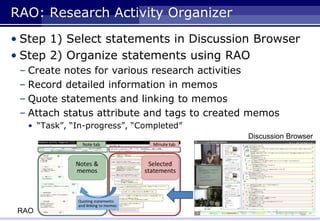 RAO: Research Activity Organizer
• Step 1) Select statements in Discussion Browser
• Step 2) Organize statements using RAO
– Create notes for various research activities
– Record detailed information in memos
– Quote statements and linking to memos
– Attach status attribute and tags to created memos
• “Task”, “In-progress”, “Completed”
Discussion Browser
RAO
 