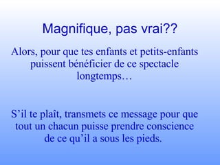 Magnifique, pas vrai?? Alors, pour que tes enfants et petits-enfants puissent bénéficier de ce spectacle longtemps… S’il te plaît, transmets ce message pour que tout un chacun puisse prendre conscience de ce qu’il a sous les pieds.  