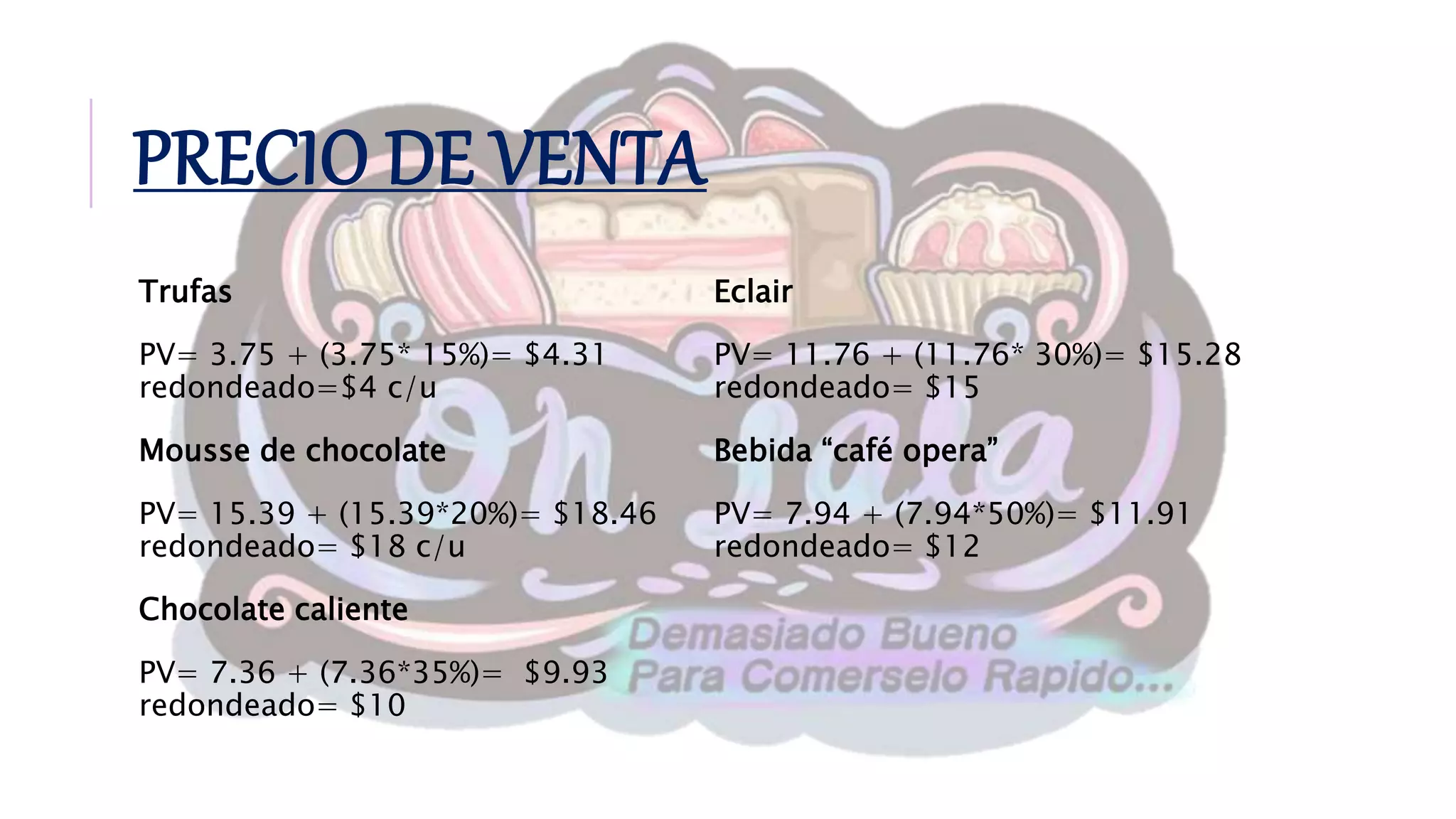 PRECIO DE VENTA
Trufas
PV= 3.75 + (3.75* 15%)= $4.31
redondeado=$4 c/u
Mousse de chocolate
PV= 15.39 + (15.39*20%)= $18.46
redondeado= $18 c/u
Chocolate caliente
PV= 7.36 + (7.36*35%)= $9.93
redondeado= $10
Eclair
PV= 11.76 + (11.76* 30%)= $15.28
redondeado= $15
Bebida “café opera”
PV= 7.94 + (7.94*50%)= $11.91
redondeado= $12
 