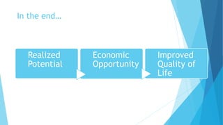 In the end…
Realized
Potential
Economic
Opportunity
Improved
Quality of
Life
 