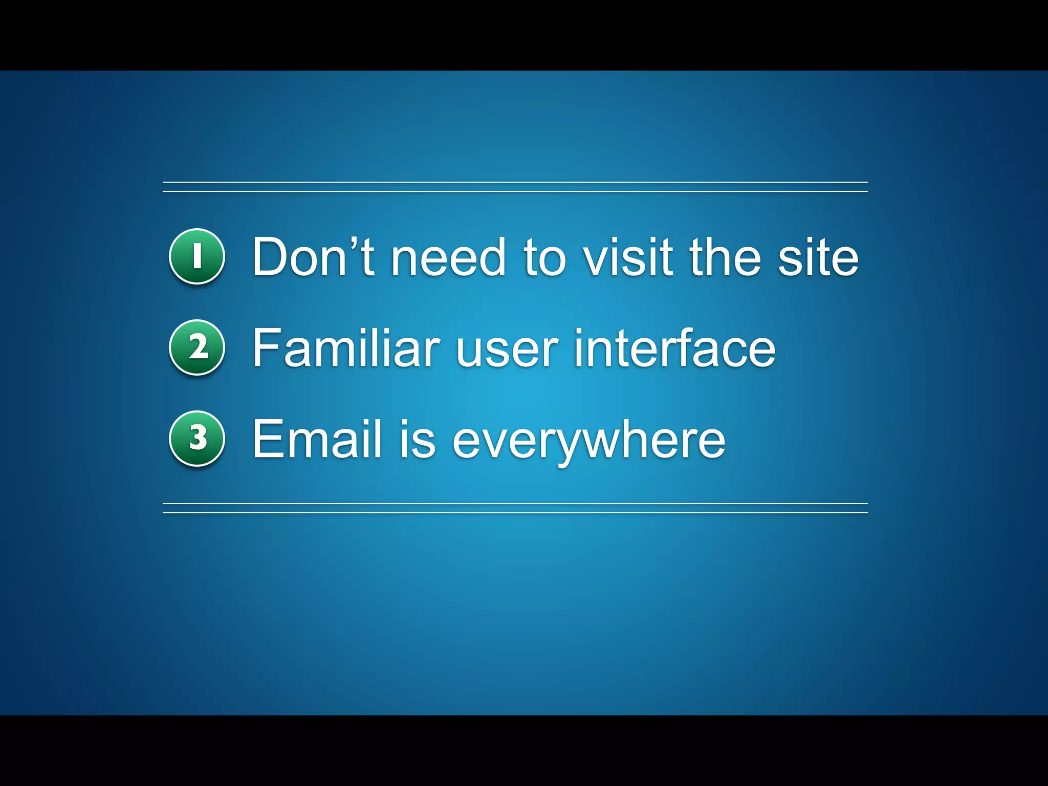 1 Don’t need to visit the site
2 Familiar user interface
3 Email is everywhere