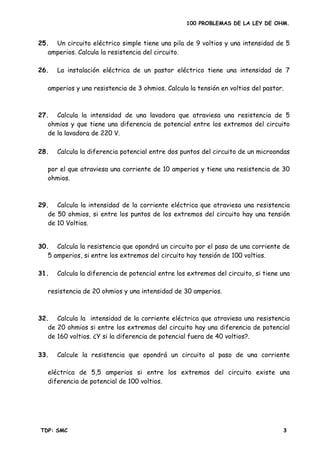 100 PROBLEMAS DE LA LEY DE OHM.
25. Un circuito eléctrico simple tiene una pila de 9 voltios y una intensidad de 5
amperios. Calcula la resistencia del circuito.
27. Calcula la intensidad de una lavadora que atraviesa una resistencia de 5
ohmios y que tiene una diferencia de potencial entre los extremos del circuito
de la lavadora de 220 V.
por el que atraviesa una corriente de 10 amperios y tiene una resistencia de 30
ohmios.
29. Calcula la intensidad de la corriente eléctrica que atraviesa una resistencia
de 50 ohmios, si entre los puntos de los extremos del circuito hay una tensión
de 10 Voltios.
30. Calcula la resistencia que opondrá un circuito por el paso de una corriente de
5 amperios, si entre los extremos del circuito hay tensión de 100 voltios.
32. Calcula la intensidad de la corriente eléctrica que atraviesa una resistencia
de 20 ohmios si entre los extremos del circuito hay una diferencia de potencial
de 160 voltios. ¿Y si la diferencia de potencial fuera de 40 voltios?.
eléctrica de 5,5 amperios si entre los extremos del circuito existe una
diferencia de potencial de 100 voltios.
26. La instalación eléctrica de un pastor eléctrico tiene una intensidad de 7
amperios y una resistencia de 3 ohmios. Calcula la tensión en voltios del pastor.
28. Calcula la diferencia potencial entre dos puntos del circuito de un microondas
31. Calcula la diferencia de potencial entre los extremos del circuito, si tiene una
resistencia de 20 ohmios y una intensidad de 30 amperios.
33. Calcule la resistencia que opondrá un circuito al paso de una corriente
TDP: SMC 3
 
