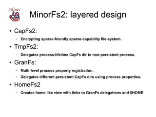 MinorFs2: layered design
● CapFs2:
– Encrypting sparse-friendly sparse-capability file-system.
● TmpFs2:
– Delegates process-lifetime CapFs dir to non-persistent process.
● GranFs:
– Multi-level process property registration.
– Delegates different persistent CapFs dirs using process properties.
● HomeFs2
– Creates home like view with links to GranFs delegations and $HOME
 