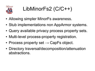 LibMinorFs2 (C/C++)
● Allowing simpler MinorFs awareness.
● Stub implementations non AppArmor systems.
● Query available privacy process property sets.
● Multi-level process-property registration.
● Process property set → CapFs object.
● Directory traversal/decomposition/attenuation
abstractions.
 