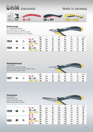 5
Kettenzange
45°, abgebogene Backen
short chain nose, 45° bended
pince à becs demi-ronds, 45° coudés
alicates bocas media-caña, 45° curvadas
mm ” A B C D E g
BI + PI 120 43/4 23 9,5 6,5 1,5 1,2 60
1024 SBI + SPI 120 43/4 23 9,5 6,5 1,5 1,2 60
120 43/4 23 9,5 6,5 1,5 1,2 60
BI + PI 120 43/4 23 9,5 6,5 1,5 1,2 60
1025 SBI + SPI 120 43/4 23 9,5 6,5 1,5 1,2 60
120 43/4 23 9,5 6,5 1,5 1,2 60
Nadelspitzzange
kurze Backen
pointed short needle nose plier
pince becs demi-ronds, pointus effilés, courts
alicates puntas agujas, cortas
mm ” A B C D E g
BI + PI 120 43/4 20 9,5 6,5 1,2 1,2 60
1027 SBI + SPI 120 43/4 20 9,5 6,5 1,2 1,2 60
120 43/4 20 9,5 6,5 1,2 1,2 60
B
C
D
A
E
BI + PI SBI + SPI
Flachzange
lange Backen
long flat nose plier
pince à becs plats, longs
alicates bocas planas, largas
mm ” A B C D E g
BI + PI 145 53/4 40 12,0 7,50 1,8 4,5 90
SBI + SPI 145 53/4 40 12,0 7,50 1,8 4,5 90
145 53/4 40 12,0 7,50 1,8 4,5 90
BI + PI 190 71/2 75 13,5 8,75 1,8 4,5 118
BI + PI 145 53/4 40 12,0 7,50 1,8 4,5 90
SBI + SPI 145 53/4 40 12,0 7,50 1,8 4,5 90
145 53/4 40 12,0 7,50 1,8 4,5 90
BI + PI 190 71/2 75 13,5 8,75 1,8 4,5 118
1030
1032
 