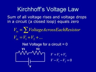 Kirchhoff’s Voltage Law Net Voltage for a circuit = 0 Sum of all voltage rises and voltage drops in a circuit (a closed loop) equals zero 