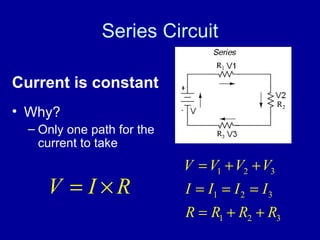 Series Circuit Current is constant Why? Only one path for the current to take 