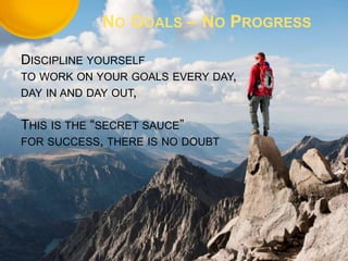 DISCIPLINE YOURSELF
TO WORK ON YOUR GOALS EVERY DAY,
DAY IN AND DAY OUT,
THIS IS THE “SECRET SAUCE”
FOR SUCCESS, THERE IS NO DOUBT
NO GOALS – NO PROGRESS
 