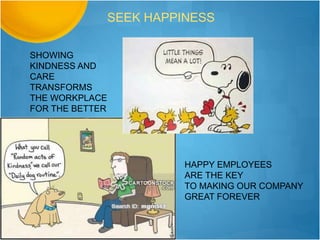 SHOWING
KINDNESS AND
CARE
TRANSFORMS
THE WORKPLACE
FOR THE BETTER
SEEK HAPPINESS
HAPPY EMPLOYEES
ARE THE KEY
TO MAKING OUR COMPANY
GREAT FOREVER
 